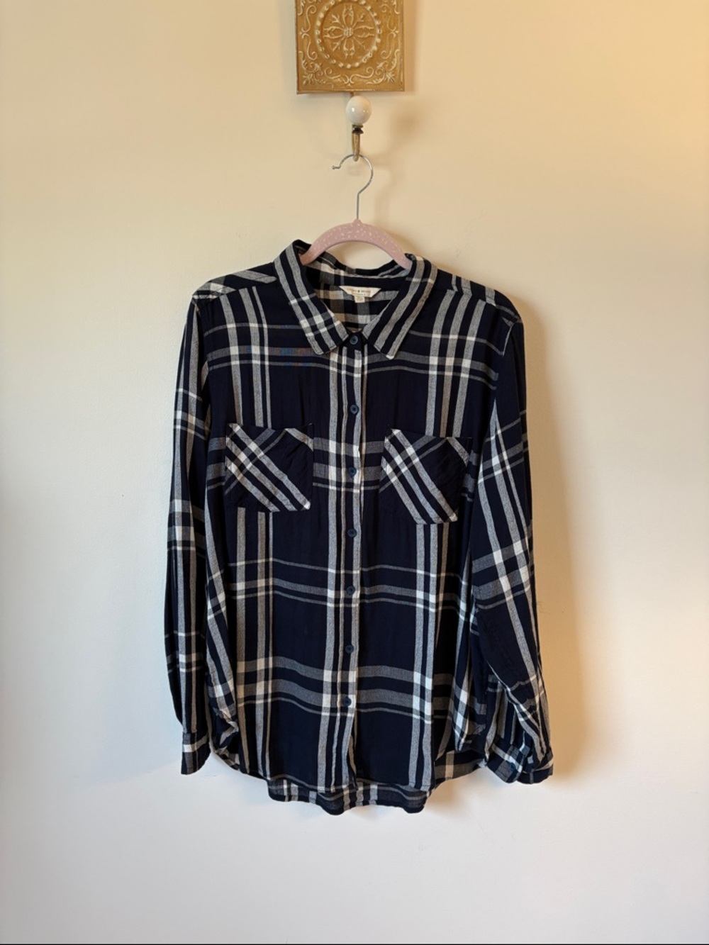 Lucky Brand Navy Blue and White Plaid Button-Down Shirt